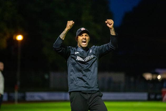 GFC coach Alain Karim celebrates after the final whistle GER, Soccer, Men s, Northeast Regional League, 2026–2027 season, Greifswalder FC vs. SV Babelsberg 03, final score 2–1