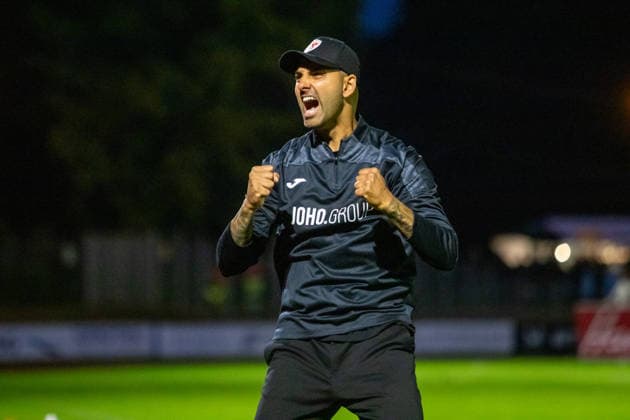 GFC coach Alain Karim celebrates after the final whistle GER, Soccer, Men s, Northeast Regional League, 2026–2027 season, Greifswalder FC vs. SV Babelsberg 03, final score 2–1