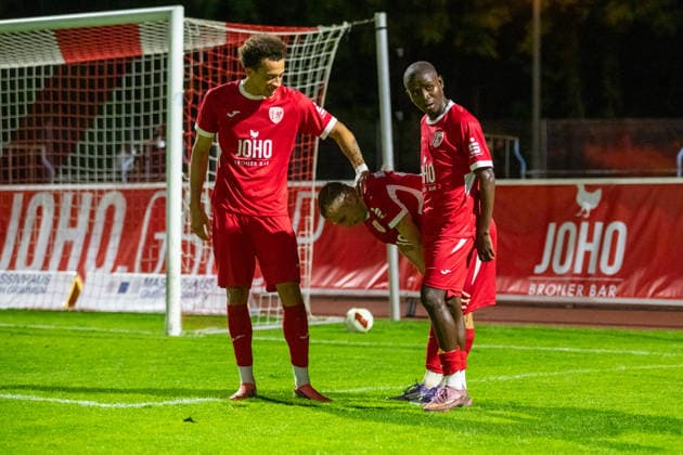 Elias Oke, Kay Seidemann, and Fodelcio Gomes Pereira, all of GFC, after the game: GER, Soccer, Men s, Northeast Regional League, 2026–2027 season, Greifswalder FC vs. SV Babelsberg 03, final score 2–1