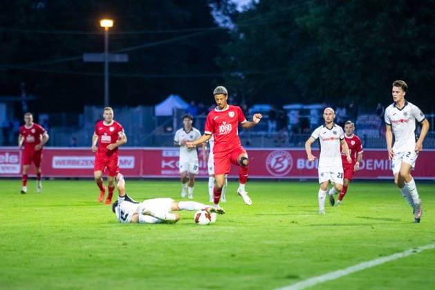 Paul Roman Wegener (SVB), on the ground against Collin Kroll Thiel (GFC), with GER, soccer, men s, Regionalliga Nordost, 2026–2027 season, Greifswalder FC vs. SV Babelsberg 03, final score 2–1