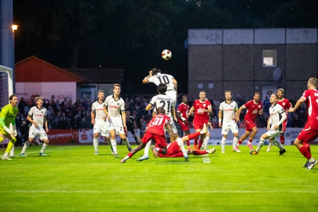 The play leading to the penalty kick for GFC: Tino Schmidt (SVB) brings down a GFC player in the penalty area (GER), Soccer, Men s, Northeast Regional League, 2026–2027 season, Greifswalder FC vs. SV Babelsberg 03, Final Score 2–1