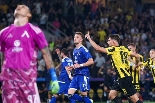 AEK Athens v PFC Levski Sofia UEFA Champions League Razvan Marin of AEK Athens celebrates scoring the fourth goal of the match during the UEFA Champions League Play-Off Second Leg match at AEK Arena, Athens 26 08 2026 UK Newspapers OUT Copyright: xYannisxHalasx FIL-23829-0065