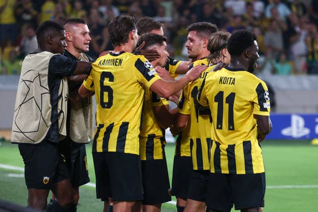 AEK Athens v PFC Levski Sofia UEFA Champions League Razvan Marin of AEK Athens celebrates scoring the fourth goal of the match during the UEFA Champions League Play-Off Second Leg match at AEK Arena, Athens 26 08 2026 UK Newspapers OUT Copyright: xYannisxHalasx FIL-23829-0066