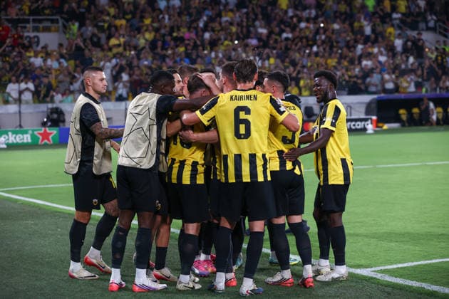 AEK Athens v PFC Levski Sofia UEFA Champions League Razvan Marin of AEK Athens celebrates scoring the fourth goal of the match during the UEFA Champions League Play-Off Second Leg match at AEK Arena, Athens 26 08 2026 UK Newspapers OUT Copyright: xYannisxHalasx FIL-23829-0067