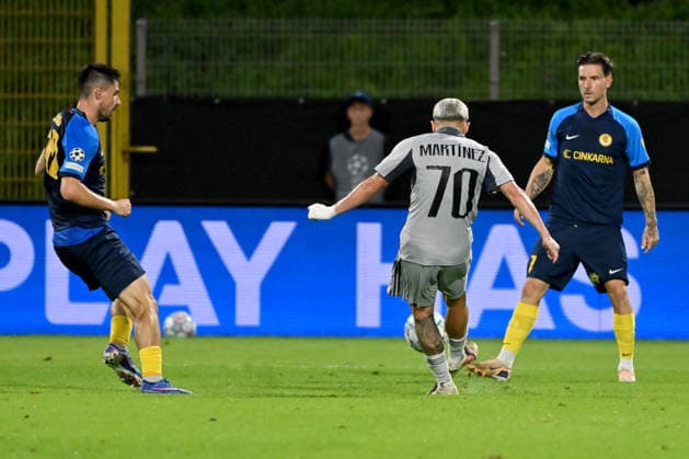 CELJE; SLOVENIA , AUGUST 26: Cristian Martinez of Slovan Bratislava (C) in action during the UEFA Champions League Play-offs 2nd leg match between Celje (Slovenia) and Slovan Bratislava (Slovakia) at Stadion Celje, Celje on August 26, 2026 in Celje, Slovenia. (Photo by Igor Kupljenik Sports Press Photo). Copyright: xIgorxKupljenikx xSPPx Sportspressphoto_SPR216452