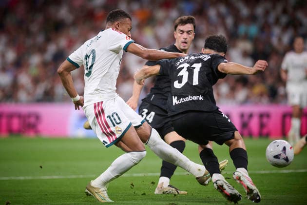 REAL MADRID CF v REAL SOCIEDAD. LA LIGA 2026 2027. ROUND 1. Real Madrid CF™s Kylian Mbappe scores a goal during La Liga match. August 26 ,2026. (ALTERPHOTOS Ropero) MadridSpain  Copyright: xRoperox