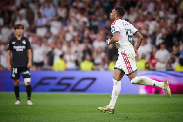 REAL MADRID CF v REAL SOCIEDAD. LA LIGA 2026 2027. ROUND 1. Real Madrid CF™s Kylian Mbappe celebrates a goal during La Liga match. August 26 ,2026. (ALTERPHOTOS Ropero) MadridSpain  Copyright: xRoperox