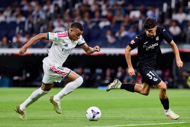 August 26, 2026, Madrid, Madrid, Spain: Kylian Mbappe of Real Madrid CF and Jon Martin of Real Sociedad during La Liga football match between Real Madrid CF and Real Sociedad at Santiago Bernabeu Stadium in Madrid, Spain, August 26, 2026 Madrid Spain - ZUMAa206 20260826_zsp_a206_098 Copyright: xRubenxAlbarranx