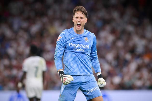 REAL MADRID CF v REAL SOCIEDAD. LA LIGA 2026 2027. ROUND 1. Real Sociedad s Alex Remiro celebrates a goal during La Liga match. August 26 ,2026. (ALTERPHOTOS Ropero) MadridSpain  Copyright: xRoperox