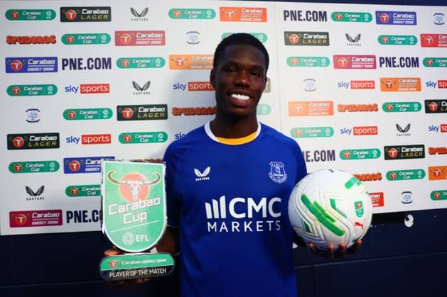 Thierno Barry of Everton with this Carabao Cup Player of the Match Trophy and match ball Preston North End v Everton, EFL Carabao Cup, Second Round, Football, Deepdale, Preston, UK - 26 Aug 2026Preston Deepdale United Kingdom EDITORIAL USE ONLY No use with unauthorised audio, video, data, fixture lists, club league logos or live services. Online in-match use limited to 120 images, no video emulation. No use in betting, games or single club league player publications.  Copyright: xPaulxCurrie Shutterstockx 17115055bw