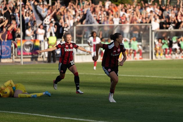 August 26, 2026, xhfmx, Soccer, UEFA Women s Champions League Qualifying Round 3, Eintracht Frankfurt Women vs. Paris Saint-Germain Women, Larissa Mühlhaus of Eintracht Frankfurt, 47, celebrates the 1-0 goal against Paris, Goal, Cheers, Celebration, Frankfurt