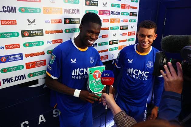 Thierno Barry of Everton and Brennan Johnson are interviewed by Sky Sports at the end of the match Preston North End v Everton, EFL Carabao Cup, Second Round, Football, Deepdale, Preston, UK - 26 Aug 2026Preston Deepdale United Kingdom EDITORIAL USE ONLY No use with unauthorised audio, video, data, fixture lists, club league logos or live services. Online in-match use limited to 120 images, no video emulation. No use in betting, games or single club league player publications.  Copyright: xPaulxCurrie Shutterstockx 17115055cb