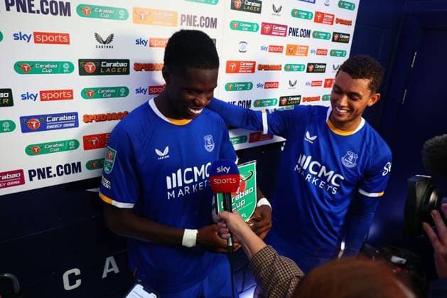 Thierno Barry of Everton and Brennan Johnson are interviewed by Sky Sports at the end of the match Preston North End v Everton, EFL Carabao Cup, Second Round, Football, Deepdale, Preston, UK - 26 Aug 2026Preston Deepdale United Kingdom EDITORIAL USE ONLY No use with unauthorised audio, video, data, fixture lists, club league logos or live services. Online in-match use limited to 120 images, no video emulation. No use in betting, games or single club league player publications.  Copyright: xPaulxCurrie Shutterstockx 17115055ca