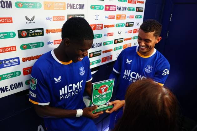Thierno Barry of Everton and Brennan Johnson are interviewed by Sky Sports at the end of the match Preston North End v Everton, EFL Carabao Cup, Second Round, Football, Deepdale, Preston, UK - 26 Aug 2026Preston Deepdale United Kingdom EDITORIAL USE ONLY No use with unauthorised audio, video, data, fixture lists, club league logos or live services. Online in-match use limited to 120 images, no video emulation. No use in betting, games or single club league player publications.  Copyright: xPaulxCurrie Shutterstockx 17115055bz