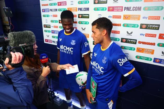 Thierno Barry of Everton and Brennan Johnson are interviewed by Sky Sports at the end of the match Preston North End v Everton, EFL Carabao Cup, Second Round, Football, Deepdale, Preston, UK - 26 Aug 2026Preston Deepdale United Kingdom EDITORIAL USE ONLY No use with unauthorised audio, video, data, fixture lists, club league logos or live services. Online in-match use limited to 120 images, no video emulation. No use in betting, games or single club league player publications.  Copyright: xPaulxCurrie Shutterstockx 17115055by