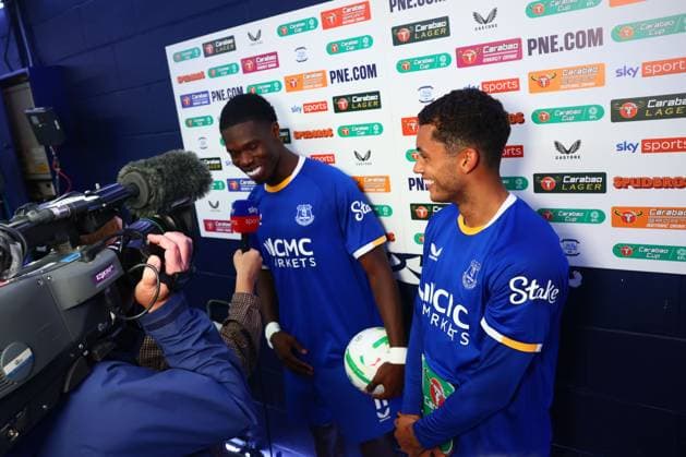 Thierno Barry of Everton and Brennan Johnson are interviewed by Sky Sports at the end of the match Preston North End v Everton, EFL Carabao Cup, Second Round, Football, Deepdale, Preston, UK - 26 Aug 2026Preston Deepdale United Kingdom EDITORIAL USE ONLY No use with unauthorised audio, video, data, fixture lists, club league logos or live services. Online in-match use limited to 120 images, no video emulation. No use in betting, games or single club league player publications.  Copyright: xPaulxCurrie Shutterstockx 17115055bx