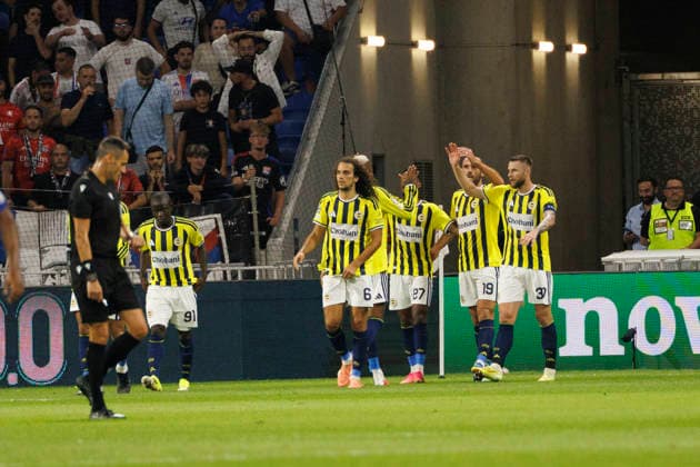 Players of Fenerbahce seen celebrating after goal during UEFA Champions League play off qualifying game between teams of Olympique Lyon and Fenerbahce SK (Quentin Montiel-Font Ball Raw Images) DÃ cines-Charpieu Groupama Stadium France Copyright: xQuentinxMontiel-Fontx quentinmontielfont_lyon_fenerbahce_2627-6