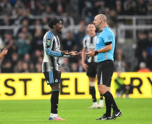 Anthony Elanga of Newcastle United protests to referee Robert Madley Newcastle United v West Bromwich Albion, EFL Carabao Cup, Second Round, Football, St James Park, Newcastle, UK - 26 Aug 2026Newcastle St James Park United Kingdom EDITORIAL USE ONLY No use with unauthorised audio, video, data, fixture lists, club league logos or live services. Online in-match use limited to 120 images, no video emulation. No use in betting, games or single club league player publications.  Copyright: xRichardxLee Shutterstockx 17115059co
