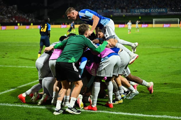 NK Celje vs. SK Slovan Bratislava in the UEFA Champions League play-off round. SK Slovan players celebrating during NK Celje vs. SK Slovan Bratislava in the UEFA Champions League play-off round. celje Slovenia  Copyright: xNikxErikxNeubauerx DSC_5978