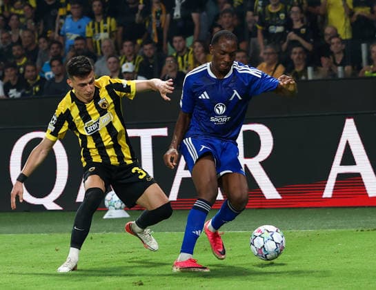 AEK Athens v PFC Levski Sofia UEFA Champions League Stavros Pilios of AEK Athens and Aldair Neves of PFC Levski Sofia during the UEFA Champions League Play-Off Second Leg match at AEK Arena, Athens 26 08 2026 UK Newspapers OUT Copyright: xYannisxHalasx FIL-23829-0070