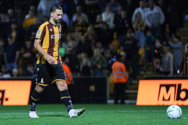 BRADFORD, ENGLAND - AUGUST 26: Adam Phillips of Bradford City steps up for a penalty during the Carabao Cup match between Bradford City and Burnley at Valley Parade on August 26, 2026 in Bradford, England. Copyright: xSeanxChandlerx xSPPx Sportspressphoto_SPR216539