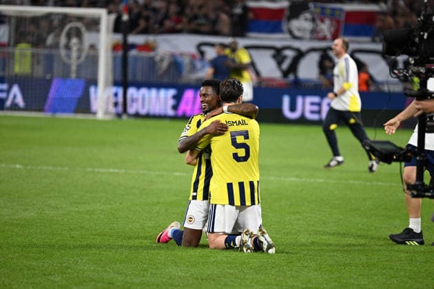 Football : Olympique Lyonnais v Fenerbahce SK - UEFA Champions League, Play-offs - 26 08 2026 Players of FENERBAHCE celebrates after winner the UEFA Champions League, Play-offs, second leg football match between Olympique Lyonnais and Fenerbahce SK at Groupama Stadium Decines Charpieu Lyon France on August 26 2026 LYONFrance  Copyright: xMouradxAllilix