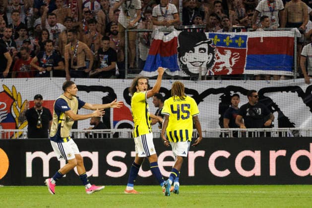 Players of Fenerbahce seen celebrating during UEFA Champions League play off qualifying game between teams of Olympique Lyon and Fenerbahce SK (Quentin Montiel-Font Ball Raw Images) DÃ cines-Charpieu Groupama Stadium France Copyright: xQuentinxMontiel-Fontx quentinmontielfont_lyon_fenerbahce_2627-18