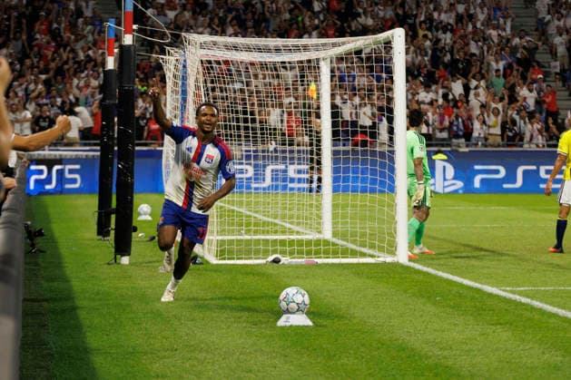 Lois Openda seen celebrating after scoring goal during UEFA Champions League play off qualifying game between teams of Olympique Lyon and Fenerbahce SK (Quentin Montiel-Font Ball Raw Images) DÃ cines-Charpieu Groupama Stadium France Copyright: xQuentinxMontiel-Fontx quentinmontielfont_lyon_fenerbahce_2627-3-2