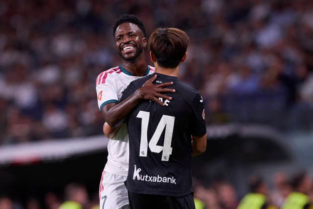 ESP LaLiga EA Sports Real Madrid vs. Real Sociedad: Vinicius Junior of Real Madrid and Takefusa Kubo of Real Sociedad during the LaLiga EA Sports match between Real Madrid and Real Sociedad, played at the Bernabéu Stadium in Madrid on August 26, 2026, in Spain. Madrid, Spain. Soccer Copyright: xAgenciaxLOFx