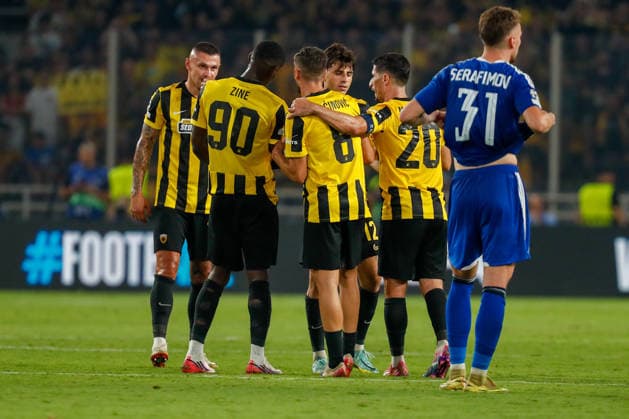AEK Athens v PFC Levski Sofia UEFA Champions League AEK Athens players celebrate at the end of the UEFA Champions League Play-Off Second Leg match at AEK Arena, Athens 26 08 2026 UK Newspapers OUT Copyright: xYannisxHalasx FIL-23829-0083