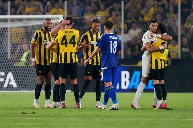AEK Athens v PFC Levski Sofia UEFA Champions League AEK Athens players celebrate at the end of the UEFA Champions League Play-Off Second Leg match at AEK Arena, Athens 26 08 2026 UK Newspapers OUT Copyright: xYannisxHalasx FIL-23829-0084