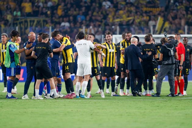 AEK Athens v PFC Levski Sofia UEFA Champions League AEK Athens players celebrate at the end of the UEFA Champions League Play-Off Second Leg match at AEK Arena, Athens 26 08 2026 UK Newspapers OUT Copyright: xYannisxHalasx FIL-23829-0085