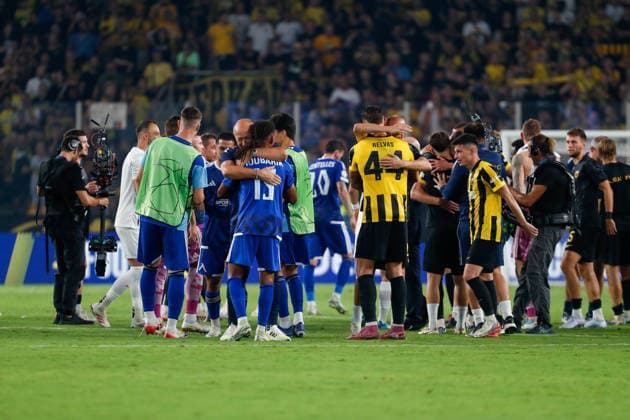 AEK Athens v PFC Levski Sofia UEFA Champions League AEK Athens players celebrate at the end of the UEFA Champions League Play-Off Second Leg match at AEK Arena, Athens 26 08 2026 UK Newspapers OUT Copyright: xYannisxHalasx FIL-23829-0099