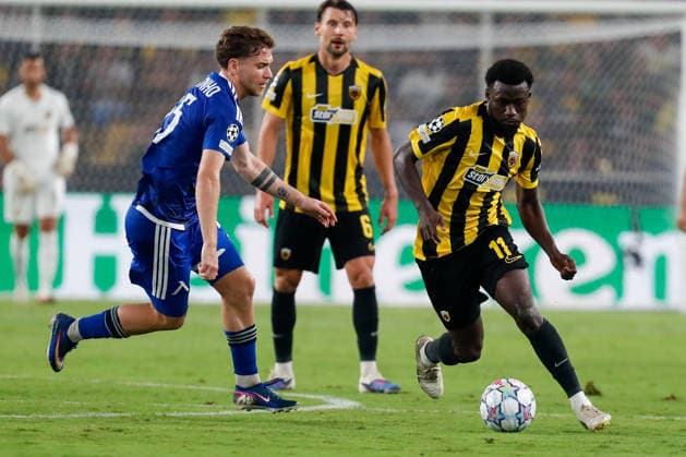 AEK Athens v PFC Levski Sofia UEFA Champions League Aboubakary Koita of AEK Athens and Serginho of PFC Levski Sofia during the UEFA Champions League Play-Off Second Leg match at AEK Arena, Athens 26 08 2026 UK Newspapers OUT Copyright: xYannisxHalasx FIL-23829-0116