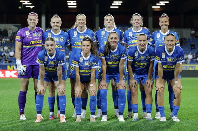 SOCCER - WCL, St.Poelten vs Juventus SANKT POELTEN,AUSTRIA,26.AUG.26 - SOCCER - UEFA Women s Champions League, qualification, SKN Sankt Poelten vs Juventus Turin. Image shows from left to right in front row: Magdalena Rukavina, Izabela Krizaj, Fanni Nagy, Fanny Vago, Alma Aagaard, in second row: Carina Schlueter, Diana Lemesova, Ludmila Matavkova, Lisa Ebert, Victoria Laino and Jennifer Klein (St.Poelten). GEPAxpictures xWalterxLuger