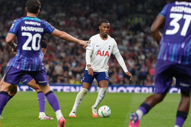 26th August 2026; Tottenham Hotspur Stadium, London, England; Carabao Cup Football, Tottenham Hotspur versus Charlton Athletic; Destiny Udogie of Tottenham Hotspur carries the ball TomxMajor