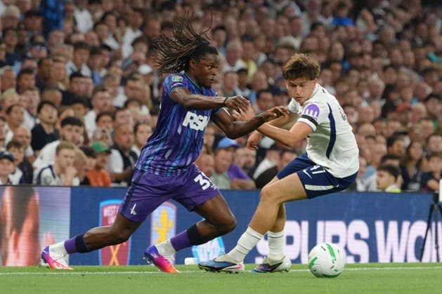 26th August 2026; Tottenham Hotspur Stadium, London, England; Carabao Cup Football, Tottenham Hotspur versus Charlton Athletic; Nathan Asiimwe of Charlton Athletic is challenged by Mikey Moore TomxMajor