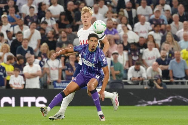 26th August 2026; Tottenham Hotspur Stadium, London, England; Carabao Cup Football, Tottenham Hotspur versus Charlton Athletic; Harvey Knibbs of Charlton Athletic and Jan Paul van Hecke of Tottenham Hotspur in action TomxMajor