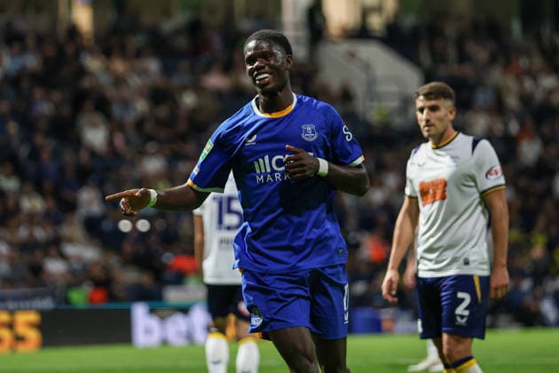 26th August 2026; Deepdale, Preston, England; Carabao Cup Football, Preston North End versus Everton; Thierno Barry of Everton celebrates after scoring in the 59th minute to make the score 0-2 AidanxHunter