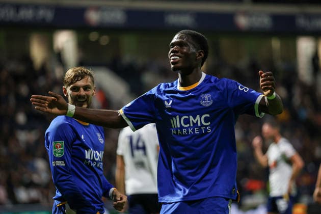 26th August 2026; Deepdale, Preston, England; Carabao Cup Football, Preston North End versus Everton; Thierno Barry of Everton celebrates after scoring in the 59th minute to make the score 0-2 AidanxHunter