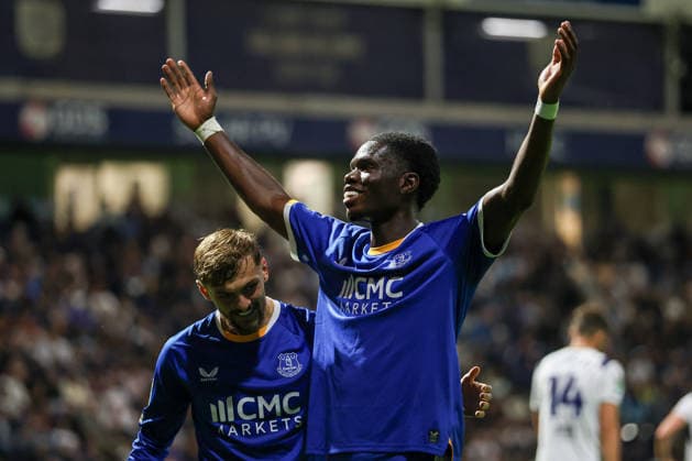 26th August 2026; Deepdale, Preston, England; Carabao Cup Football, Preston North End versus Everton; Thierno Barry of Everton celebrates after scoring in the 59th minute to make the score 0-2 AidanxHunter