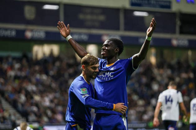 26th August 2026; Deepdale, Preston, England; Carabao Cup Football, Preston North End versus Everton; Thierno Barry of Everton celebrates with Kiernan Dewsbury-Hall of Everton after scoring in the 59th minute to make the score 0-2 AidanxHunter