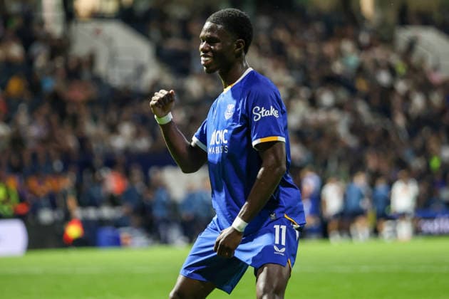 26th August 2026; Deepdale, Preston, England; Carabao Cup Football, Preston North End versus Everton; Thierno Barry of Everton celebrates after scoring in the 59th minute to make the score 0-2 AidanxHunter
