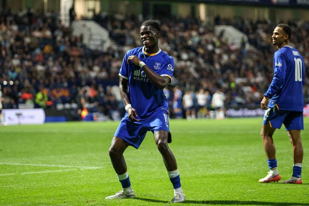 26th August 2026; Deepdale, Preston, England; Carabao Cup Football, Preston North End versus Everton; Thierno Barry of Everton celebrates after scoring in the 59th minute to make the score 0-2 AidanxHunter