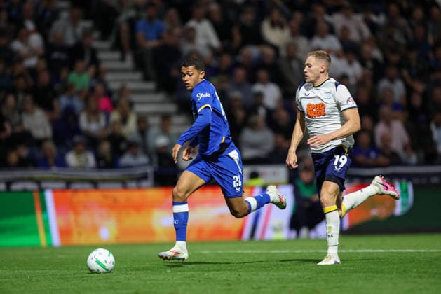 26th August 2026; Deepdale, Preston, England; Carabao Cup Football, Preston North End versus Everton; Brennan Johnson of Everton runs with the ball as Lewis Gibson of Preston North End pursues him AidanxHunter