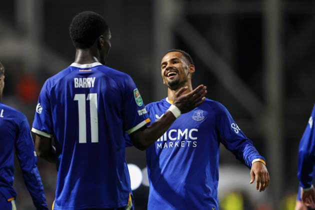 26th August 2026; Deepdale, Preston, England; Carabao Cup Football, Preston North End versus Everton; Thierno Barry of Everton celebrates with Iliman Ndiaye of Everton after scoring in the 70th minute to make the score 0-3 AidanxHunter