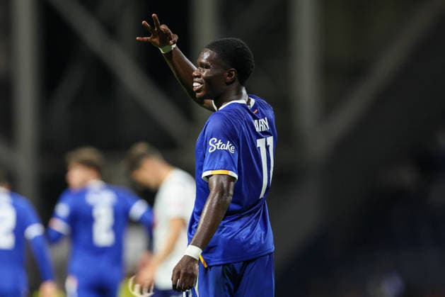 26th August 2026; Deepdale, Preston, England; Carabao Cup Football, Preston North End versus Everton; Thierno Barry of Everton celebrates by holding up three fingers after scoring a hatrick to make it 0-3 AidanxHunter