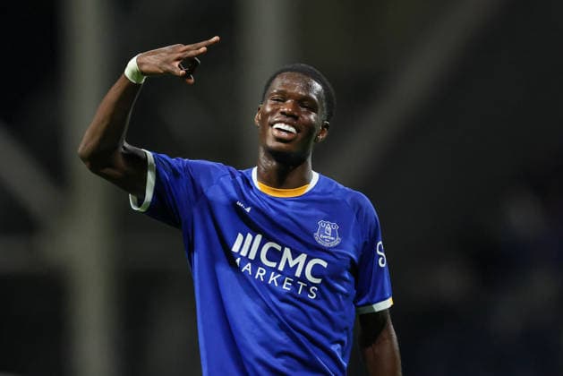 26th August 2026; Deepdale, Preston, England; Carabao Cup Football, Preston North End versus Everton; Thierno Barry of Everton celebrates by holding up three fingers after scoring a hatrick to make it 0-3 AidanxHunter