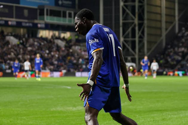 26th August 2026; Deepdale, Preston, England; Carabao Cup Football, Preston North End versus Everton; Thierno Barry of Everton celebrates after scoring in the 70th minute to make the score 0-3 AidanxHunter