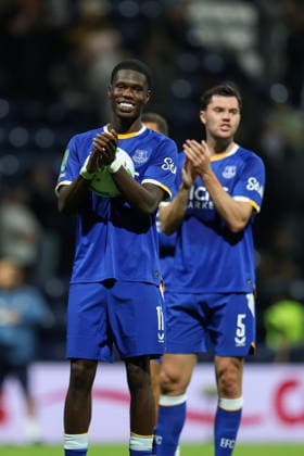 26th August 2026; Deepdale, Preston, England; Carabao Cup Football, Preston North End versus Everton; Thierno Barry of Everton applauding the fans at the end of the game whilst holding the match ball after scoring a hatrick AidanxHunter